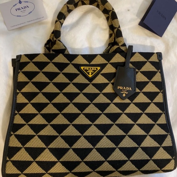 Prada Symbole Black and Tan Embroidered Fabric Small Tote Bag - Picture 1 of 2
